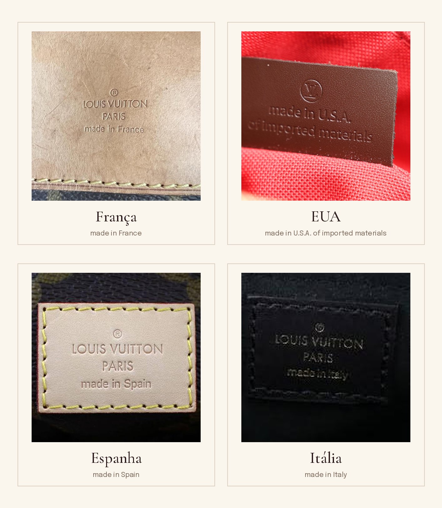 Carimbos made in France, made in U.S.A., made in Spain e made in Italy