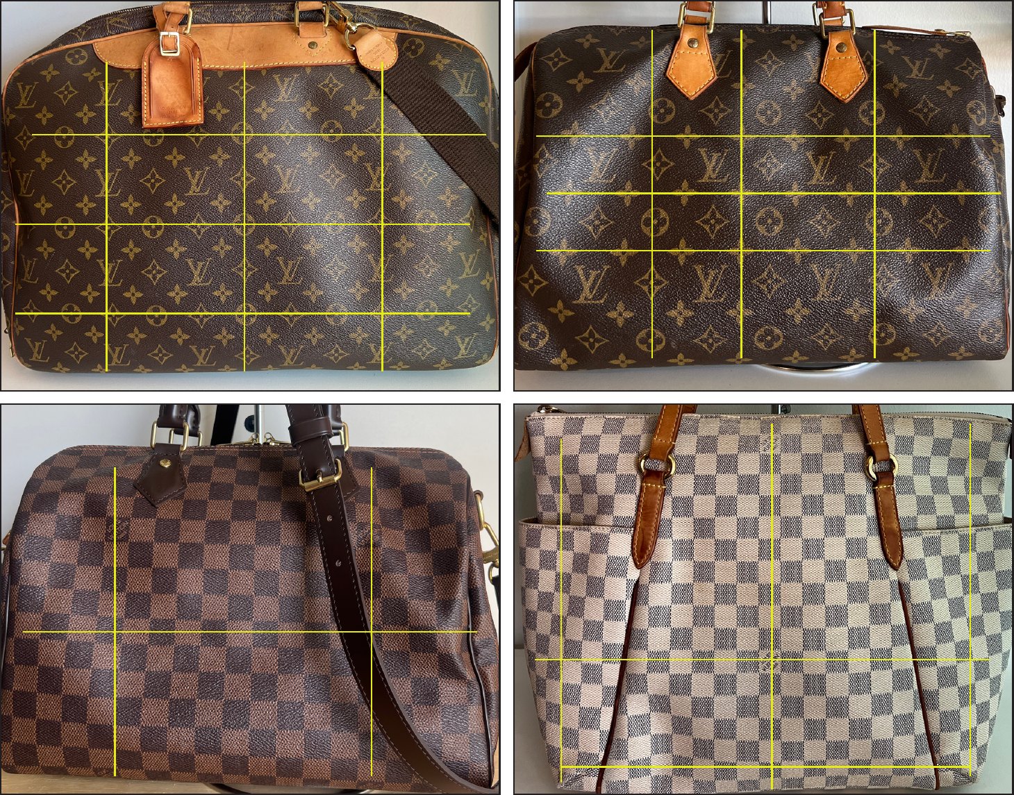 Quatro bolsas com linhas de grade mostrando o desenho alinhado