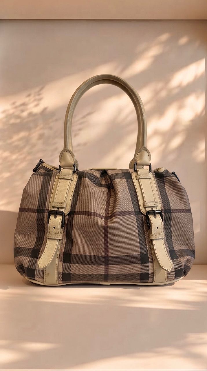Bolsa tote Smoked Check canvas cinza com alça longa — foto 1