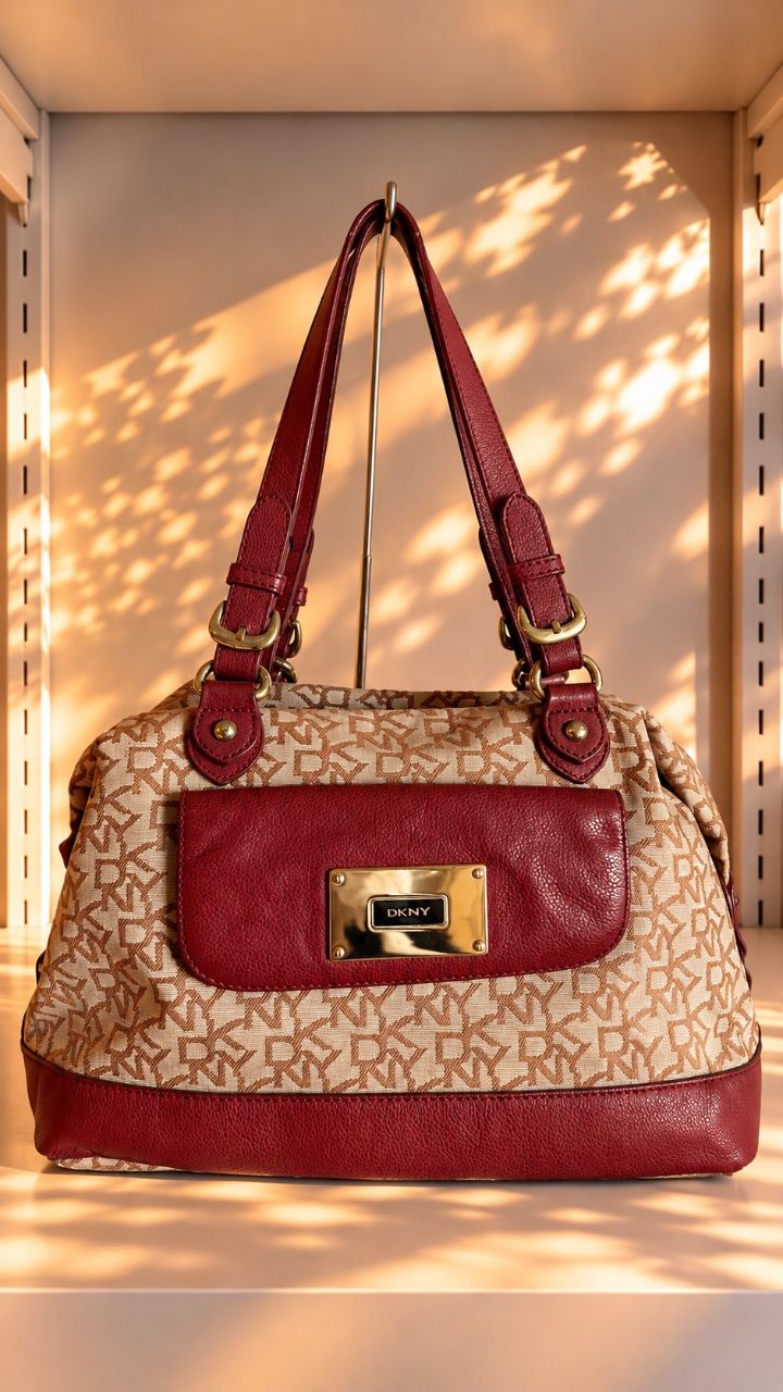 Bolsa tote tecido monograma bege com couro vinho — foto 1