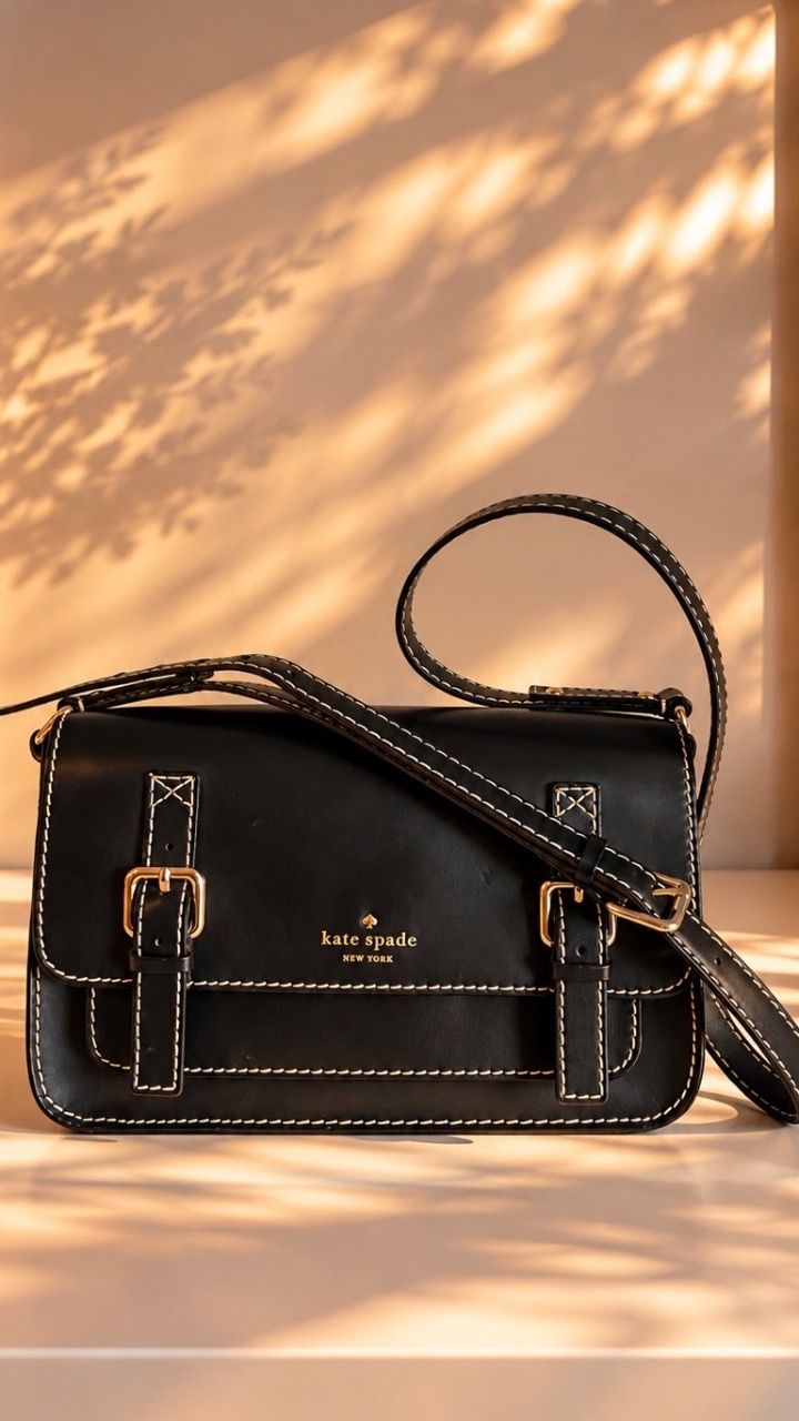 Bolsa satchel Cambridge couro preto com fivelas e pesponto branco — foto 1